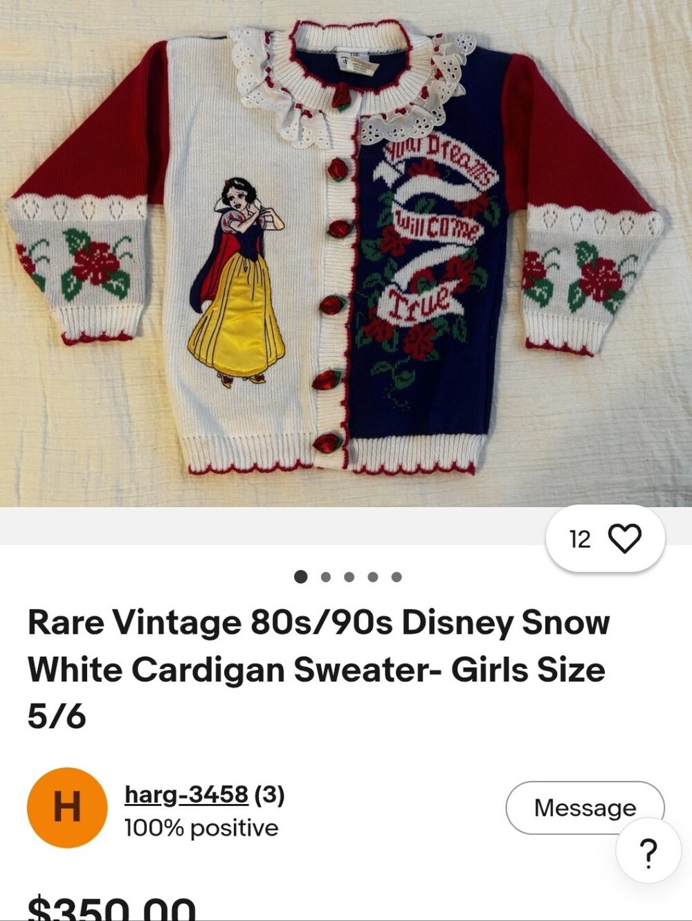 Disney Rare Vintage 90s Snow White Cardigan Size 8 - Picture 8 of 9